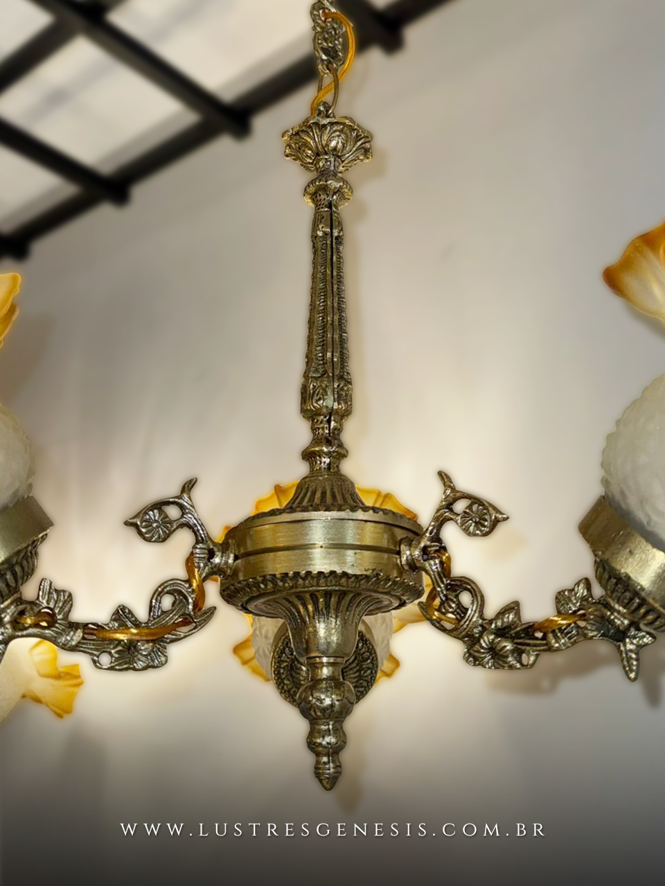 Lustre Pendente Bronze Antigo Vidro Flor &Acirc;mbar